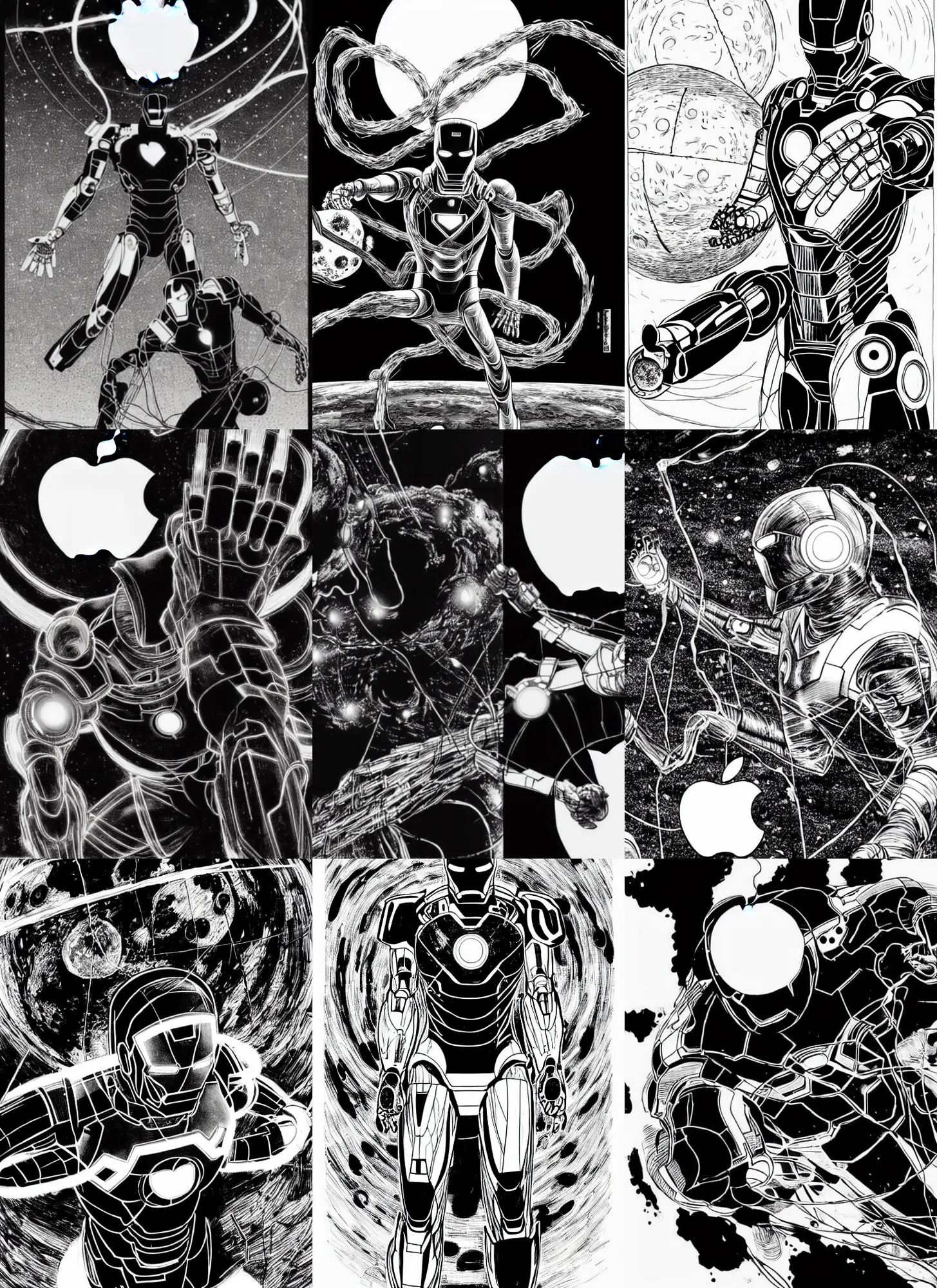 Prompt: black and white sad iron man with wires eats apple on hands on the destroed moon, wires earth background, by tsutomu nihei