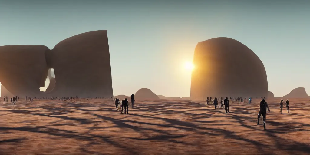 Image similar to an enormous monolithic alien building in the desert, a large line of people are walking toward it starting at the foreground and ending at the building, single file, in the foreground on a rock is an alien creature catching a fly with its tongue, two suns are in the sky, clear skies, volumetric light, hyperdetailed, artstation, cgsociety, 8k