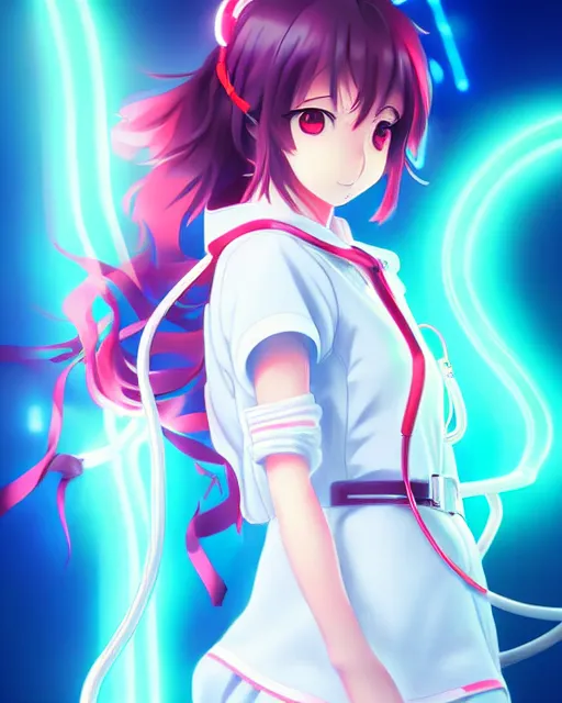 Image similar to anime style, vivid, expressive, full body, 4 k, painting, a cute magical girl with a long wavy hair wearing a nurse outfit, correct proportions, stunning, realistic light and shadow effects, neon lights, studio ghibly makoto shinkai yuji yamaguchi