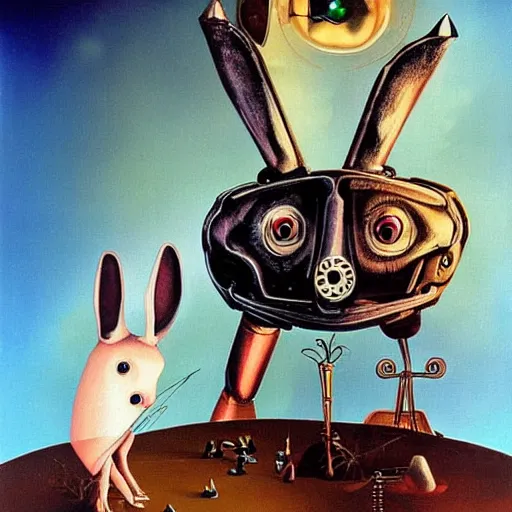 Prompt: a hybrid between a robot and a humanoid rabbit, evil vibes, illustration, digital art, by salvador dali