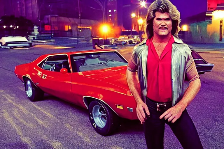 Image similar to 70s dressed Kurt Russel posing and in the background there two 70’s muscle cars parked on a deserted city street at night time, purple lighted street, wide angle, cinematic, retro-wave vibes, grainy, soft motion blur