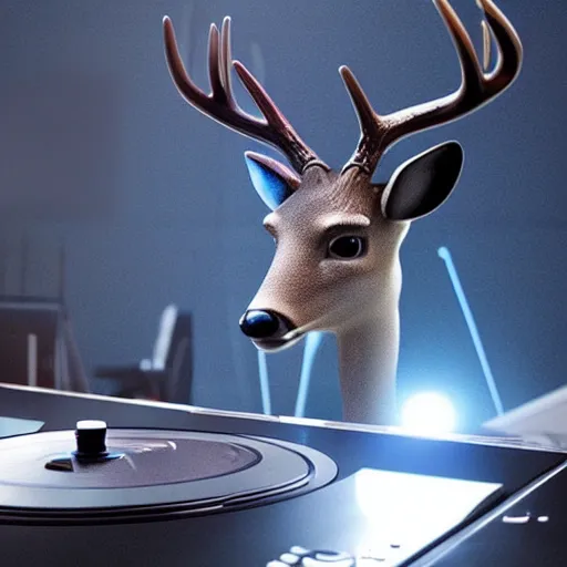 Image similar to “a deer dj behind the turntables octane render hyperrealism, dynamic lighting 8k”