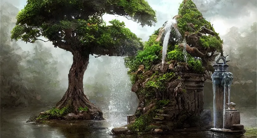 Prompt: a water fountain made out of a tree, concept art by Doug Chiang cinematic, realistic painting, high definition, digital art, symmetrical, very detailed, extremely high detail, photo realistic, concept art, unreal engine 5,