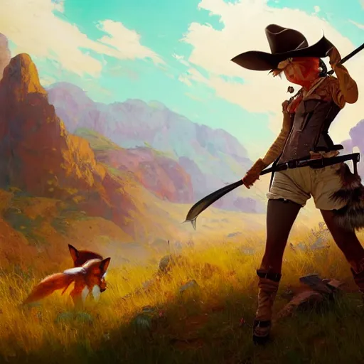 Prompt: splash art of cute feminine anthropomorphic vulpes vulpes fulva bounty huntress in the wild west, rugged clothes, motion blur, firefight, high energy action : by weta, greg rutkowski, wlop, ilya kuvshinov, rossdraws, artgerm, octane render, iridescent, bright morning, anime, liosh, mucha