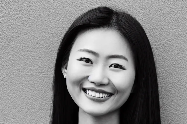 Image similar to still photo of a beautiful asian woman smiling at the camera on the street, black and white color aesthetic, highly detailed, photorealistic portrait, bright studio setting, studio lighting, crisp quality and light reflections, unreal engine 5 quality render