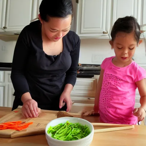 Prompt: small girl making spring rolls in the kitchen and mom is helping