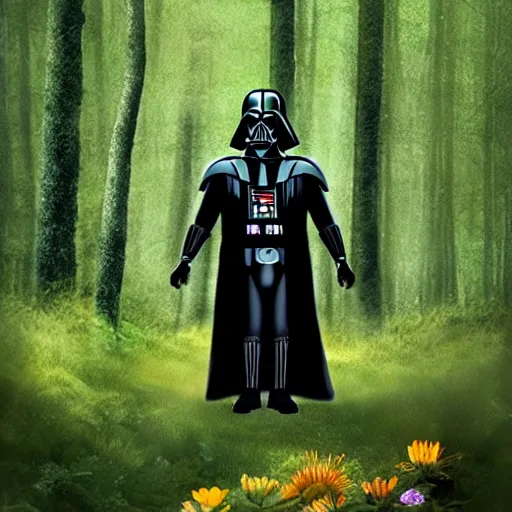 Image similar to darth vader picking flowers in the forest