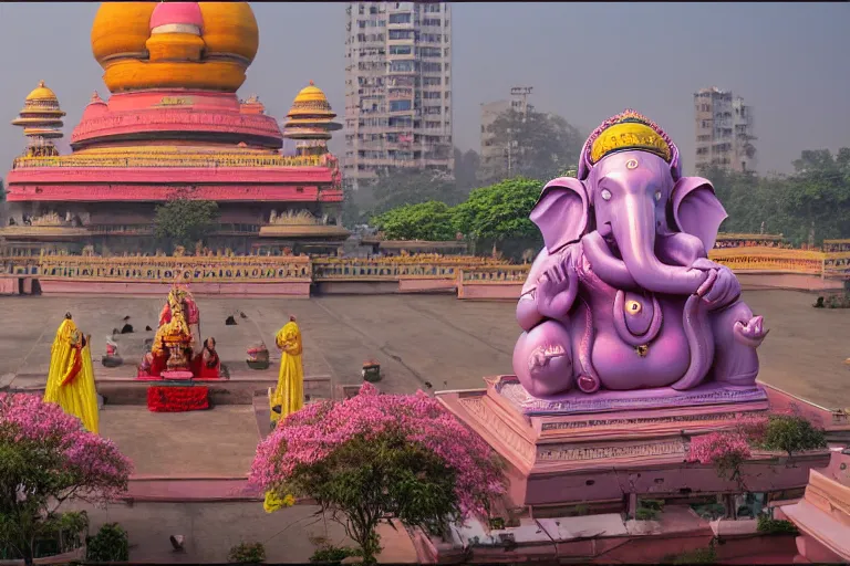 Image similar to beautiful futuristic new delhi, sharp sci - fi ganesha!! building, kalighat flowers, highly detailed cinematic, stephen shore & john j. park, soft morning light, wide shot, high angle, uhd 8 k, editorial photography