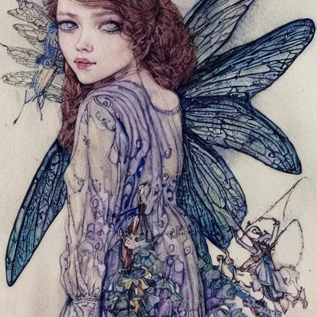 Prompt: a detailed, intricate watercolor and ink portrait illustration with fine lines of young 1 4 year old scarlett johannson as a fairy with dragonfly wings from her shoulders in a dress, by arthur rackham and edmund dulac and lisbeth zwerger