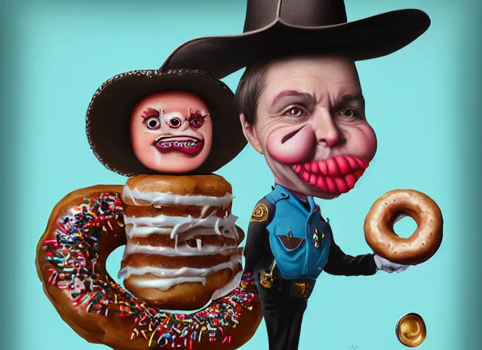 Prompt: the sheriff in the shape of a donut, lowbrow, matte painting, 3 - d highly detailed, in the style of mark ryden,