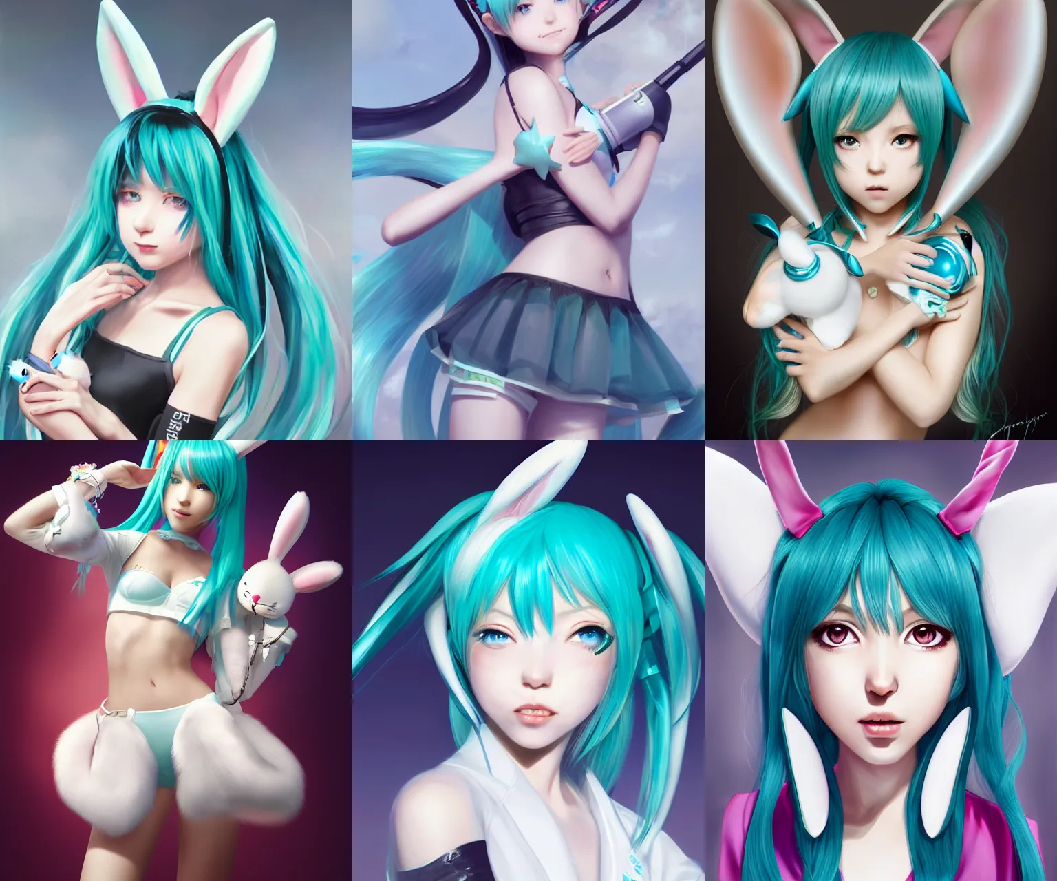 Prompt: hatsune miku with two white bunny ears, digital painting by Mario Testino, Stanley Artgerm Lau, WLOP, Andrei Riabovitchev, photorealist style, masterpiece, trending on artstation, cgstudio