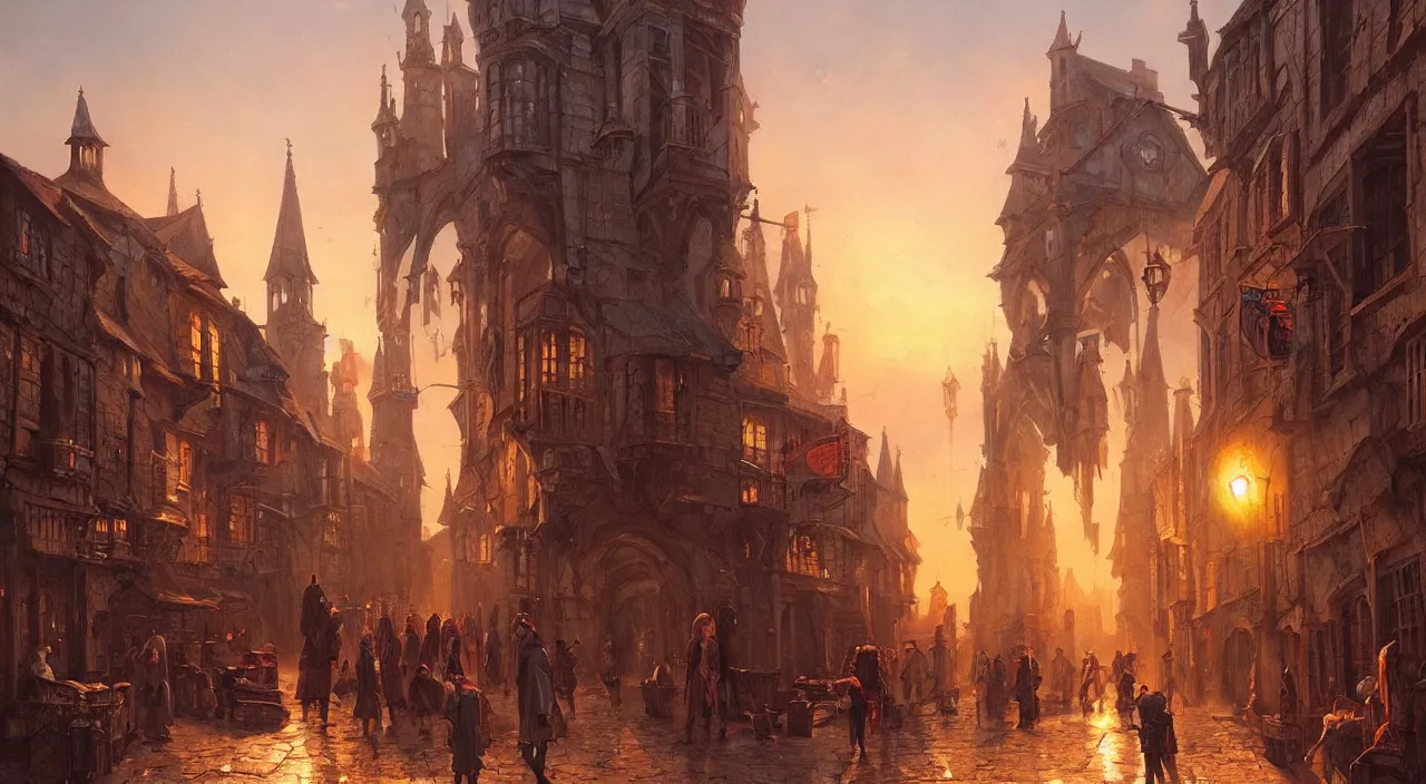 Prompt: A beautiful oil painting of a magical medieval city street at sunset by Greg Rutkowski and Henry Bates Joel