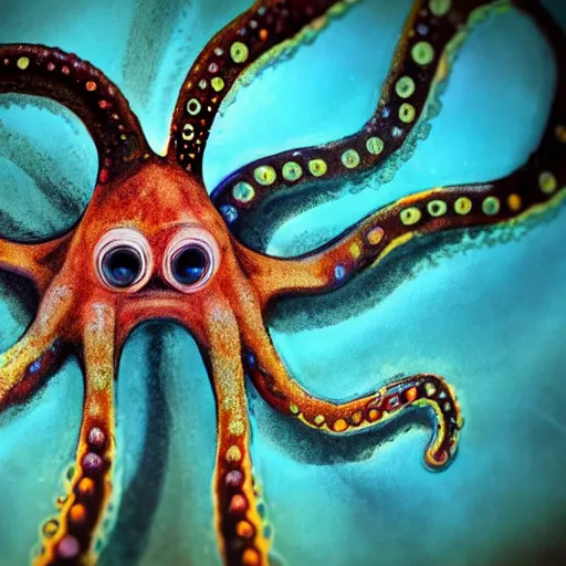 Image similar to fiery whimsical emotional eyes cephalopod, in a photorealistic macro photograph with shallow dof, in the deepest seas of the unconscious psyche