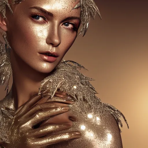 Image similar to a highly detailed digital image of a silver covered elegantly posed futuristic woman beautifully intertwined in golden liquid like leaves shot, full body shot, by Andrew Chiampo, artstation, and Frederik Heyman, extremely detailed woman, stunning volumetric lighting, hyper realism, fantasy 4k