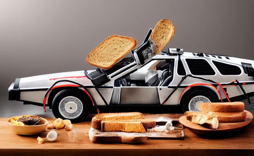 Image similar to a time-traveling delorean styled toaster with toast, bread inserted into slot, professional product shot, magazine ad