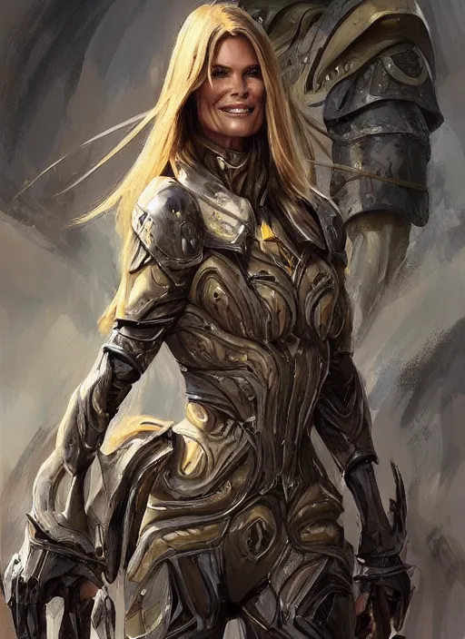 Prompt: a professional painting of Elle Macpherson, clothed in military armor, olive skin, long dark hair, beautiful bone structure, symmetrical facial features, intricate, elegant, digital painting, concept art, smooth, sharp focus, illustration, from StarCraft by Ruan Jia and Mandy Jurgens and Artgerm and William-Adolphe Bouguerea