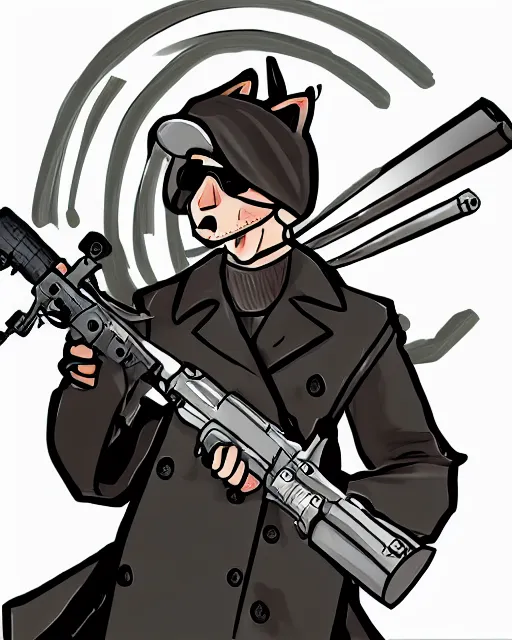 Image similar to a fox wearing a black trench - coat holding a mini - gun, comic art style, digital art,