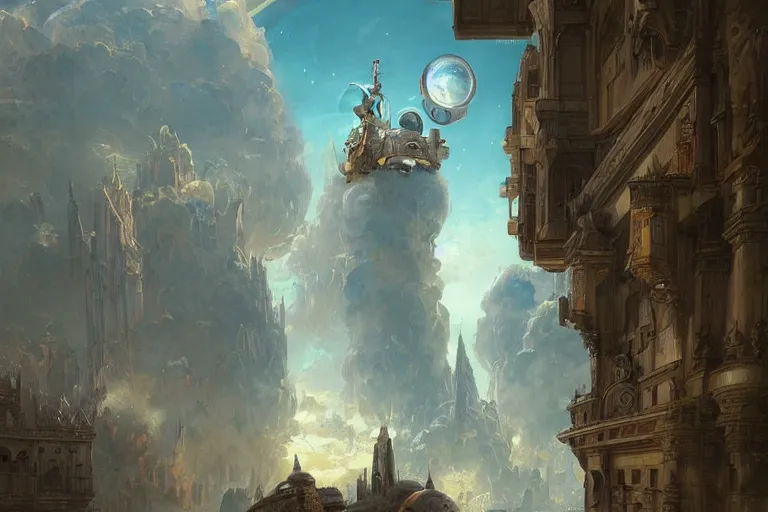 Image similar to a man in futuristic space suit looking at ancient renaissance florence italy through a time travel spaceship window, scifi, serene, refined, by wlop, peter mohrbacher, jakub rebelka, visually stunning, beautiful, masterpiece