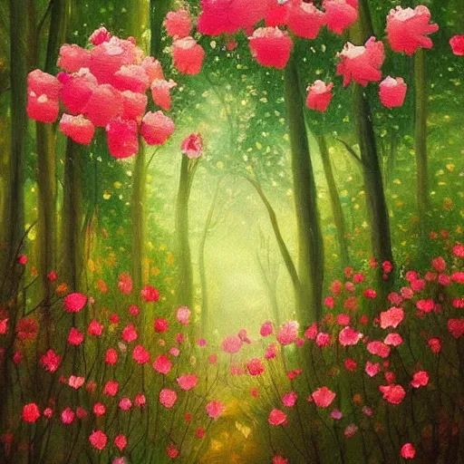 Prompt: “A beautiful painting of a forest in summer, wild roses in distance, sunlight, detailed, light effect, Trending on artstation”