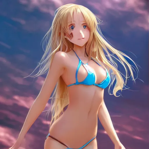 Image similar to a very beautiful mature yuuki asuna, full body, long wavy blond hair, sky blue eyes, full round face, bikini, miniskirt, front view, mid - shot, cute pose, highly detailed, cinematic wallpaper by stanley artgerm lau