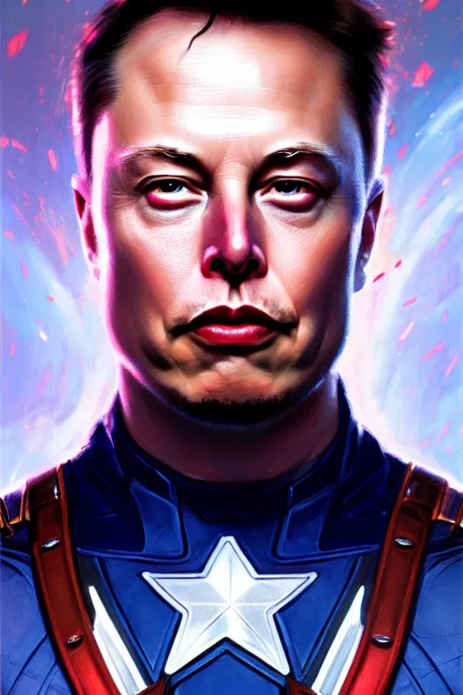 Image similar to elon musk as captain america, portrait, highly detailed, digital painting, artstation, concept art, smooth, sharp focus, illustration, cinematic lighting, art by artgerm and greg rutkowski and alphonse mucha