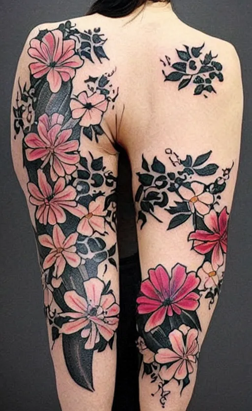 Image similar to flowers as fireworks irezumi tattoos 9