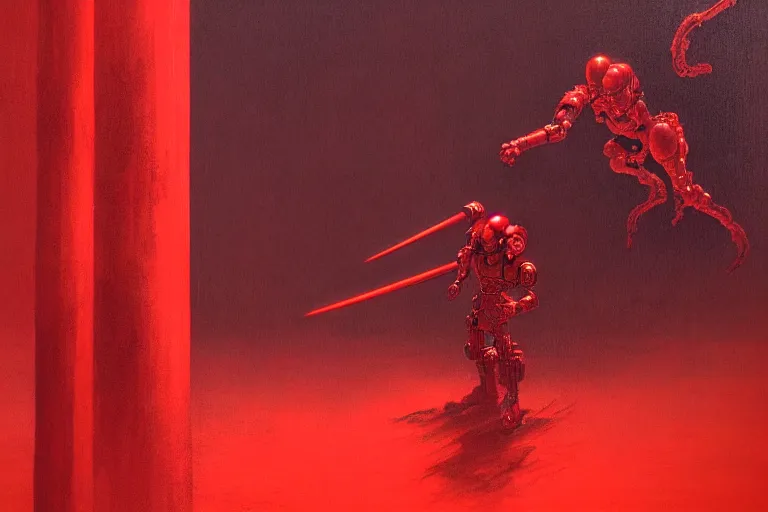 Image similar to only with red, a red cyborg samurai, tokio futuristic in background, some evil yokai fight, in the style of beksinski, parts by edward hopper, parts by rodcenko, parts by yue minjun, intricate and epic composition, red by caravaggio, insanely quality, highly detailed, masterpiece, red light, artstation, 4 k