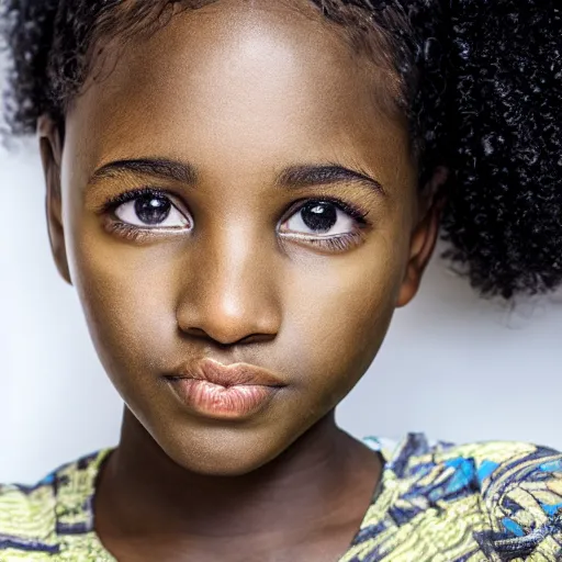 Prompt: portrait photograph of beautiful african girl with green eyes and curly black hair, very detailed