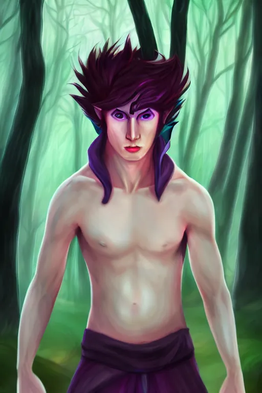 Image similar to a human elemental sorcerer, forest setting, colorful magic, male, white skin, young, sharp focus, concept art, dynamic lighting, by emylie boivin