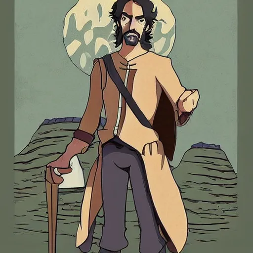 Prompt: precisely drawn illustration of inigo montoya drawn in the style of studio ghibli, full color, anime, manga style