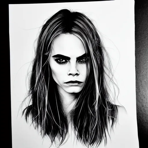 Image similar to minimalistic black and white portrait of cara delevigne, ink on canvas, trending on artstation, eyes, eyebrows, nose, lips, detailed, art