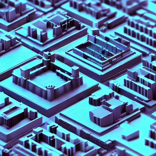 Prompt: isometric 3 d render of a city on a cpu chip, macro tilt shift extreme close - up of a city built on cpu, unreal engine render, isometric model rendered in octane