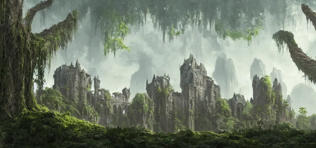 Image similar to gigantic castle, arches adorned pillars, towers, archways, gnarly trees, lush vegetation, forrest, landscape, raphael lacoste, eddie mendoza, alex ross, concept art, matte painting, highly detailed, rule of thirds, dynamic lighting, cinematic, detailed, denoised, centerd