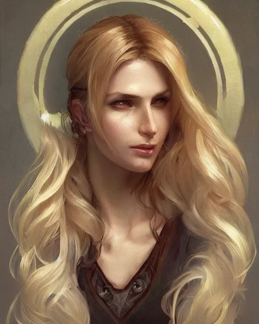 Image similar to '' Portrait of Beautiful blonde Slavic woman in her early 30’s, league of legends, LOL, fantasy, d&d, digital painting, artstation, concept art, sharp focus, illustration, art by greg rutkowski and alphonse mucha ''