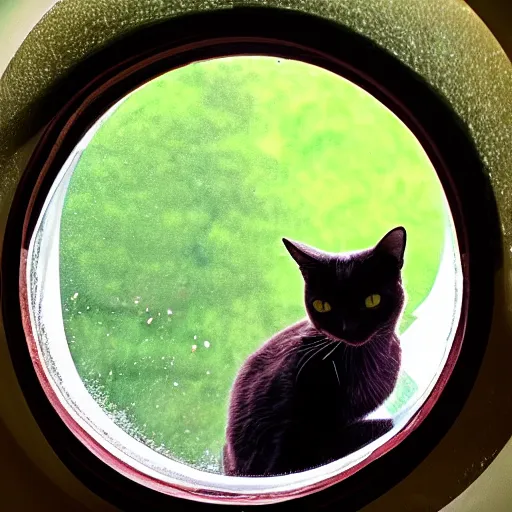 Image similar to a cat peaks out of a circular bubble window