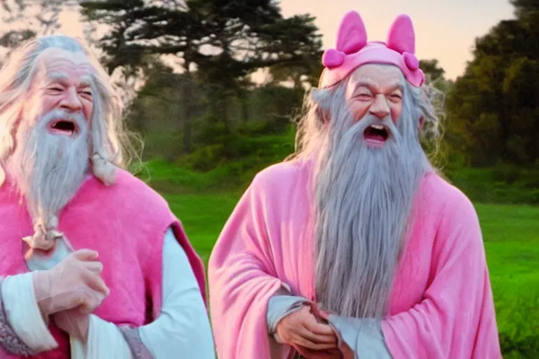 Prompt: portrait of Gandalf wearing pink Hello kitty costume, laughing, sunrise, movie still from Lord of the Rings, cinematic