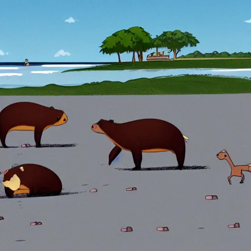 Prompt: capybaras having fun at the beach by bored ape yacht club and matt groening and bojack horseman