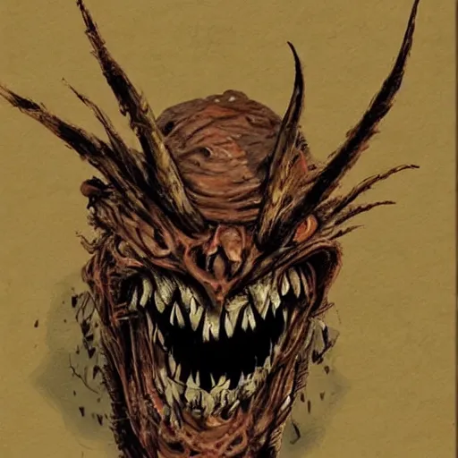 Prompt: horrifying concept art of a scary monster built out of cicadas, blood and wood pulp,