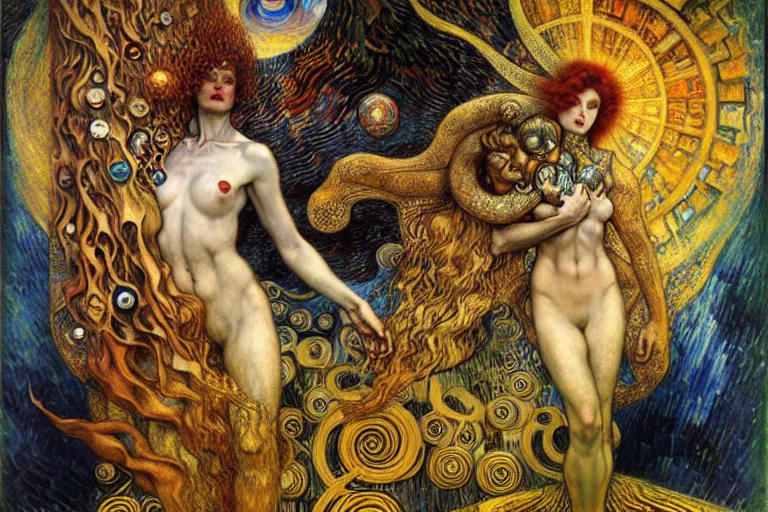 Image similar to Divine Chaos Engine by Karol Bak, Jean Delville, William Blake, Gustav Klimt, and Vincent Van Gogh, symbolist, visionary