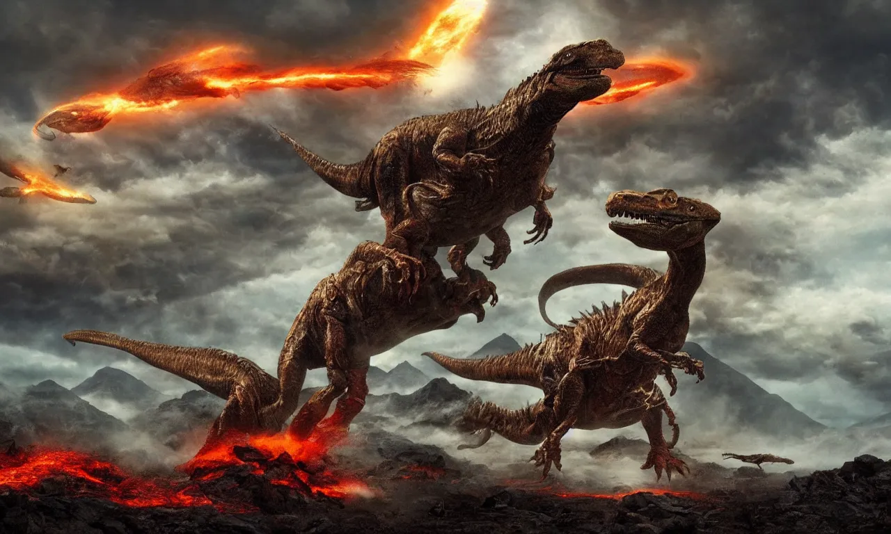 Image similar to prehistoric alien yajuta predator battling a tyrannosaurus, dinosaur slayer, volcanic landscape, dynamic storm clouds vortex, meteor asteroids crashing, epic cinematic matte painting,