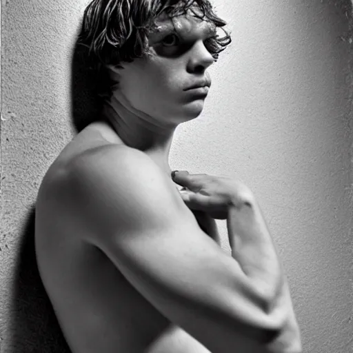 Prompt: evan peters showing his arm pits, by nan goldin, by larry clark, by terry richardson, fashion, vman magazine