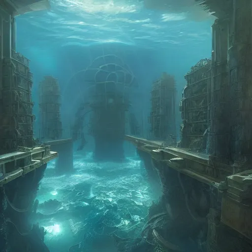 Image similar to the underwater lost city of atlantis, huge octopus nearby, volumetric light, detailed, unreal engine, ultra wide angle, by greg rutkowski