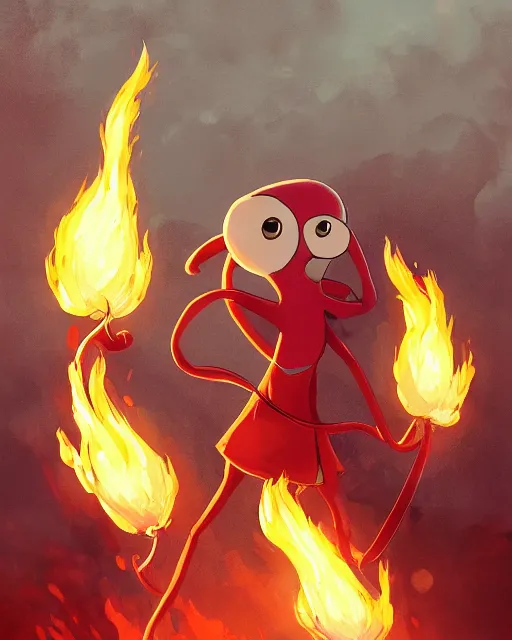 Image similar to squidward ( anthropomorphic squid ) wearing fire nation clothing and practicing firebending outside at susnset, [ greg rutkowski ]