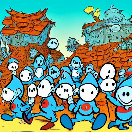 Image similar to the smurf village, artwork by skottie young