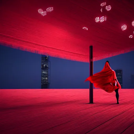 Prompt: a person enveloped in red silk cloth that blows in the wind stands in a dytopian highly detailed city at night, with volumetric lights in the distance. atmospheric light, rendering, octane, redshift