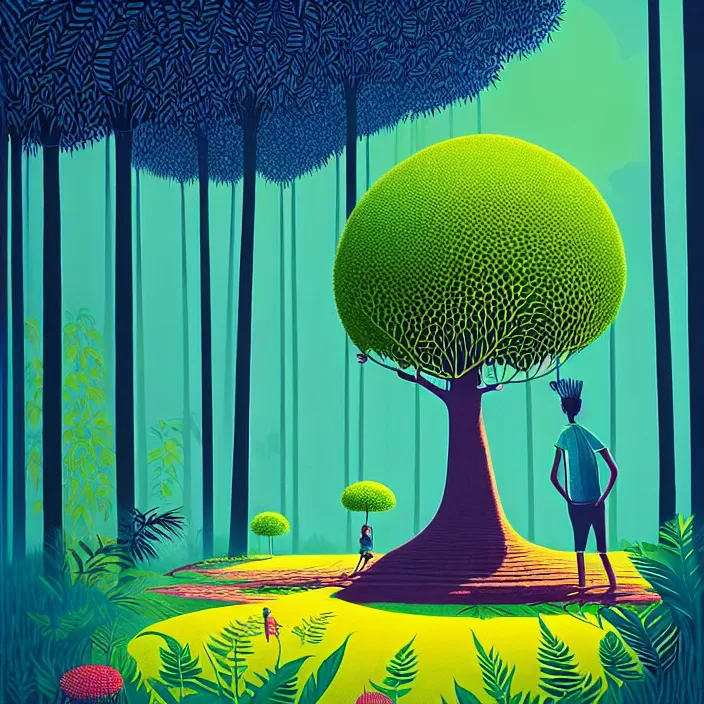 Prompt: ( ( ( gediminas pranckevicius ) ) ), stillness under bo tree in a jungle garden summer morning, very coherent and colorful high contrast art by james gilleard floralpunk screen printing woodblock, dark shadows, pastel color, hard lighting