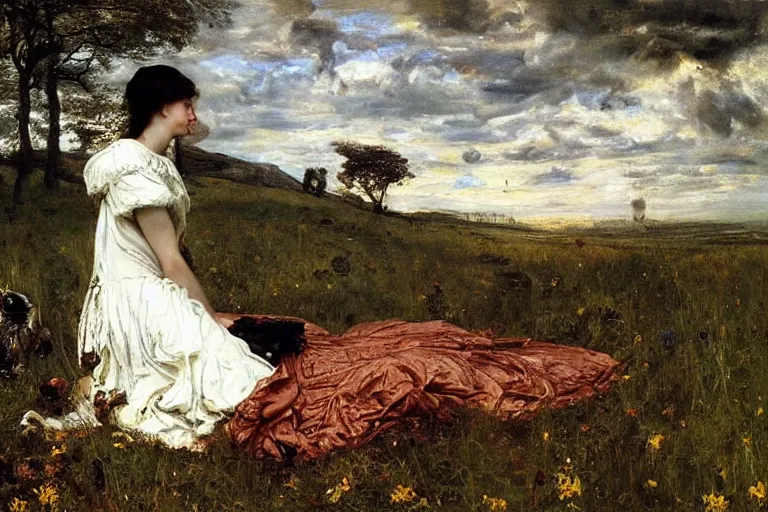 Prompt: sad portrait of a xenomorph queen in a meadow by sir john everett millais, photorealistic, hyperdetailed, ethereal, masterpiece, oil painting