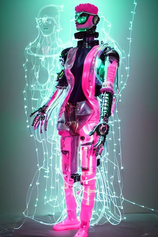 Prompt: full-body rococo and cyberpunk style mint neon and ceramic statue of a muscular pale Zayn Malik as a robot god humanoid wearing a thin see-through plastic cloak sim roupa, posing like a superhero, suspended to the wall thick clear cables around his wrists, glowing peach face, crown of pink steampunk lasers, large diamonds, swirling silver silk fabric. futuristic elements. oozing glowing liquid, full-length view. space robots. human skulls. throne made of bones, intricate artwork by caravaggio. Trending on artstation, octane render, cinematic lighting from the right, hyper realism, octane render, 8k, depth of field, 3D