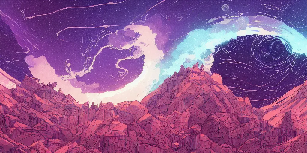 Image similar to concept art of an epic spiral galaxy in style of dan mumford and laurie greasley by james gilleard, very detailed, clean lines, atmospheric, vivid, wide angle