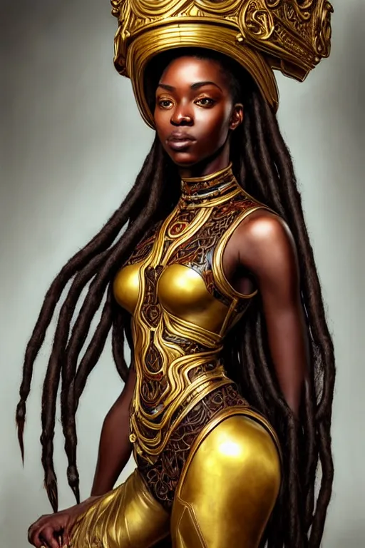 Image similar to full body Portrait of very beautiful african dreadlock hair style woman, leather baroque ornate suite by thierry muggler, holding her helmet, real life skin, intricate, elegant, highly detailed, artstation, concept art, smooth, sharp focus, art by artgerm and greg rutkowski and alphonse mucha